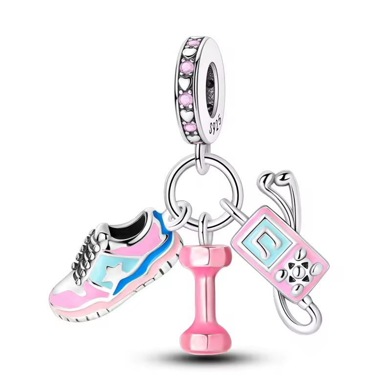 Charm mit rosa Hantel, Turnschuh und MP3-Player aus 925 Silber – sportliches Motiv mit bunter Emaille