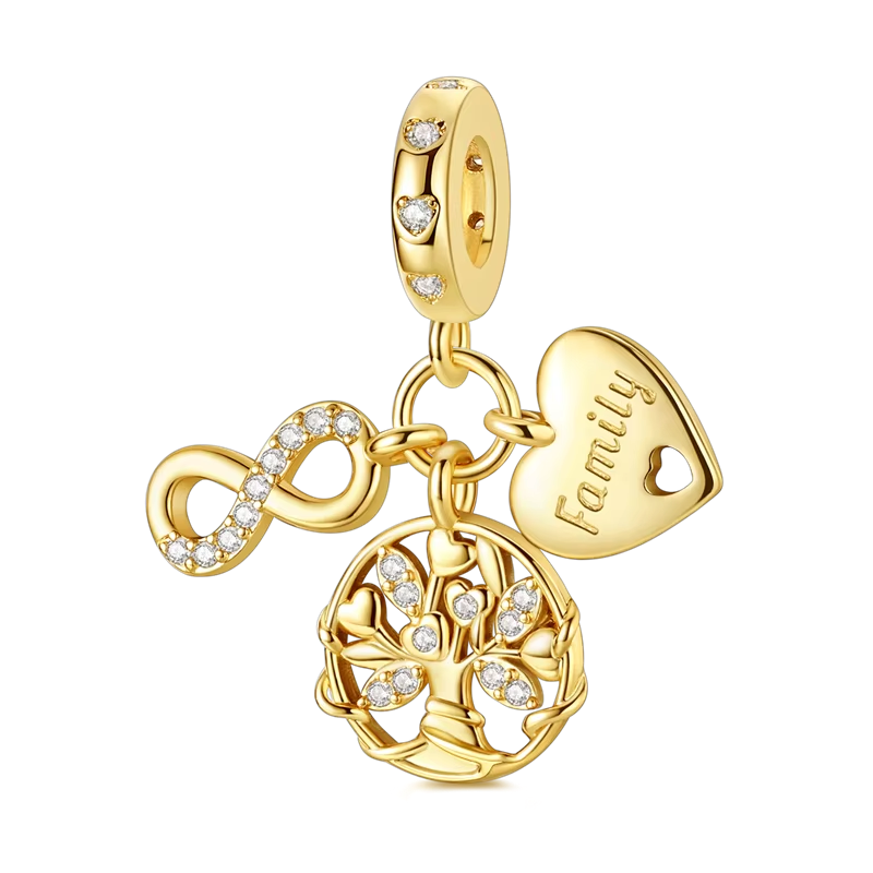 Goldener Family Charm Anhänger mit Herz Gravur Infinity Zeichen und Lebensbaum