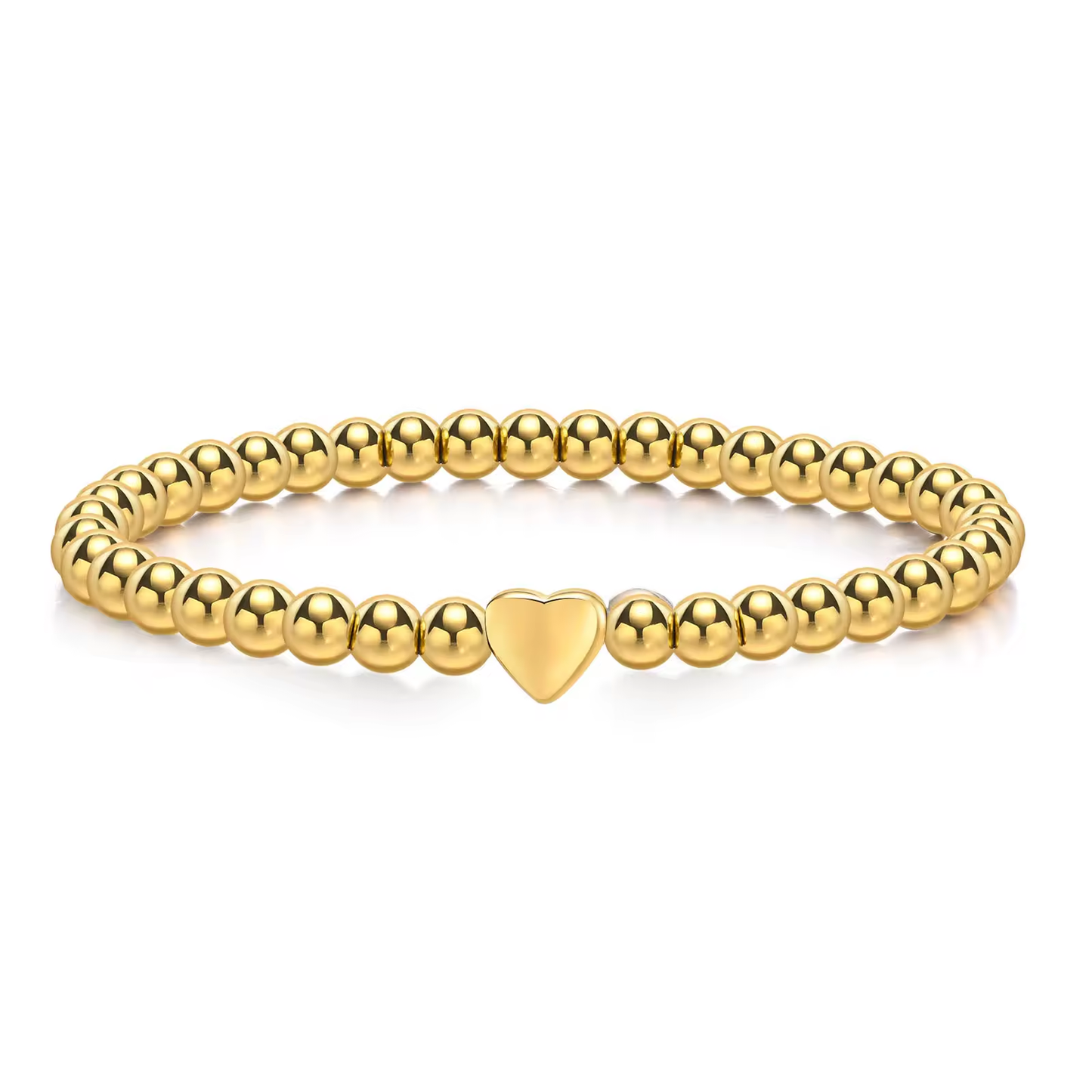 Goldenes Perlenarmband mit Herz aus Edelstahl, elastisch und glänzend – stilvolles Damenarmband für Alltag und Geschenkideen.