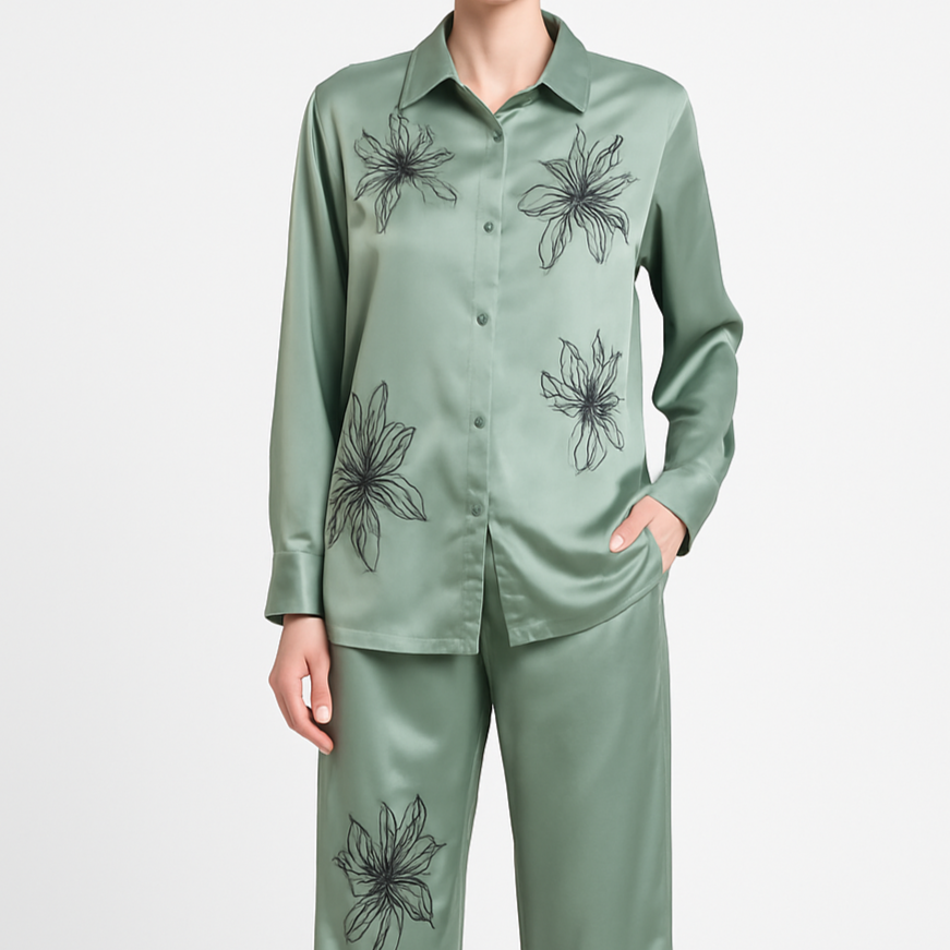 Damen-Zweiteiler-Set in glänzendem Salbeigrün mit schwarzer Blumenstickerei, bestehend aus Bluse und weiter Hose