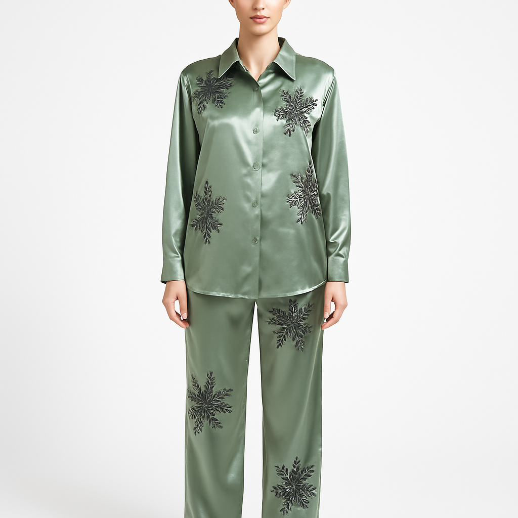 Damen-Zweiteiler-Set in glänzendem Salbeigrün mit schwarzer Blumenstickerei, bestehend aus Bluse und weiter Hose