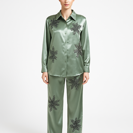 Damen-Zweiteiler-Set in glänzendem Salbeigrün mit schwarzer Blumenstickerei, bestehend aus Bluse und weiter Hose