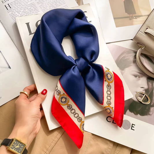 Damen Satin-Haartuch marineblau rot weiß Kettenmuster