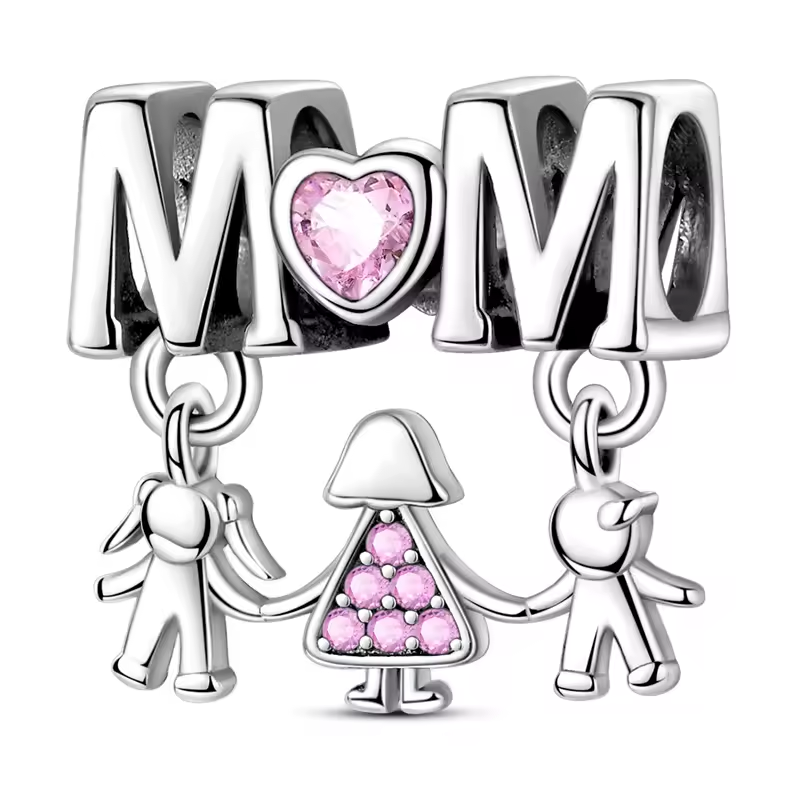 Charm aus 925 Sterling Silber mit „MOM“-Schriftzug, rosa Herzstein & Anhängern von Mutter mit zwei Kindern – kompatibel mit Pandora-Armbändern