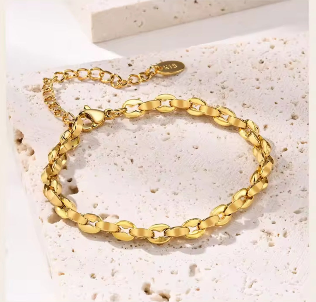 Vergoldetes Kettenarmband aus Edelstahl, 5 mm Glieder, verstellbar 16–21 cm, elegantes Damenarmband“
