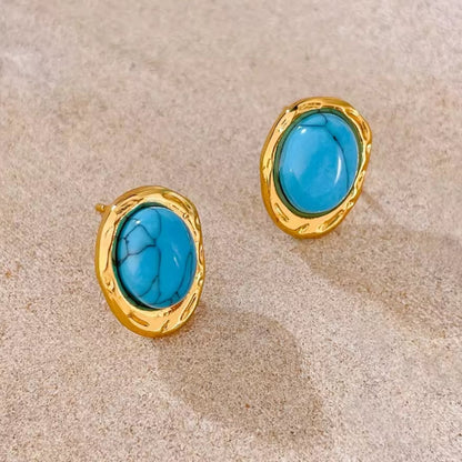 Goldene Ohrstecker | ovaler Türkis 14,6 x 11 mm | Edelstahl