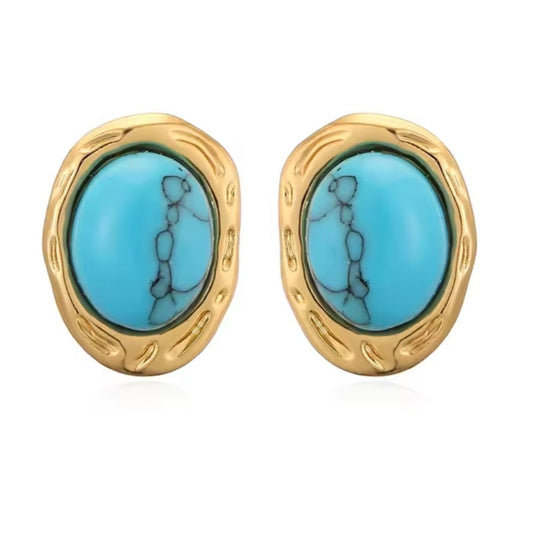 Goldene Ohrstecker | ovaler Türkis 14,6 x 11 mm | Edelstahl