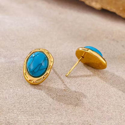 Goldene Ohrstecker | ovaler Türkis 14,6 x 11 mm | Edelstahl