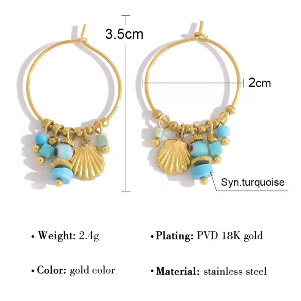 Creolen Gold | Türkis-Perlen & Muschel | Edelstahl 18K