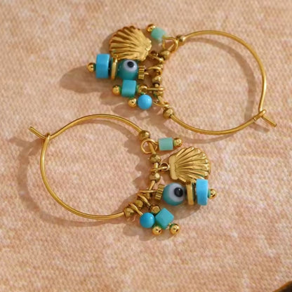 Creolen Gold | Türkis-Perlen & Muschel | Edelstahl 18K