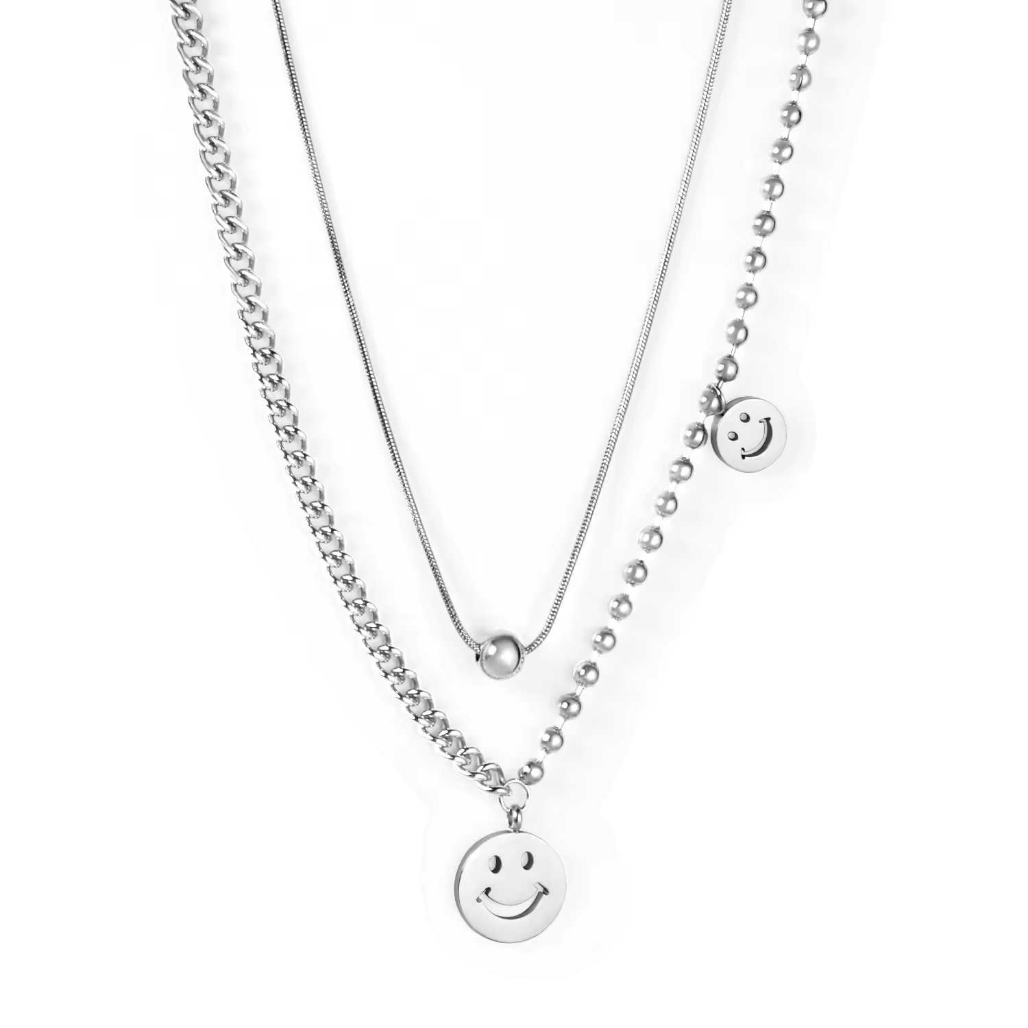Silberne Layering-Kette mit Smiley-Anhängern – trendiger Modeschmuck für Damen und Herren