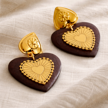 Edelstahl-Holz-Ohrringe mit Herztropfen, 18K goldbeschichtet, Vintage-Design in Gold und Dunkelbraun